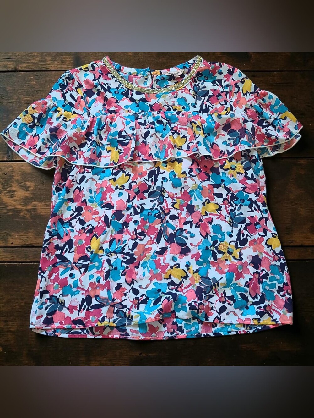 Juicy Couture Floral Ruffle Short Sleeve Top - Pink, Blue & Yellow